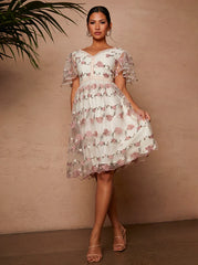 V Neck Floral Embroidered Lace Midi Dress in Pink