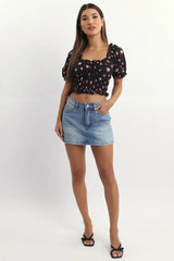 Black Ditsy Shirred Top Short Sleeve Square Neck Frill Details