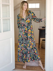 Sage V-Neck Maxi Dress - Gold Fall Floral
