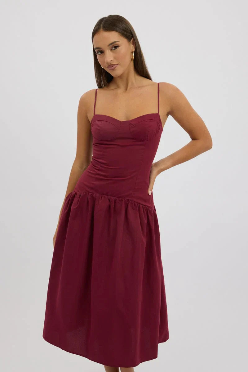 Red Midi Dress Drop Waist