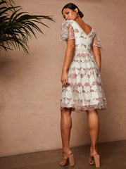 V Neck Floral Embroidered Lace Midi Dress in Pink