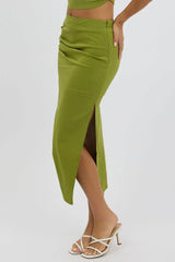 Green Gathered Midi Skirt High Rise Bengaline Split